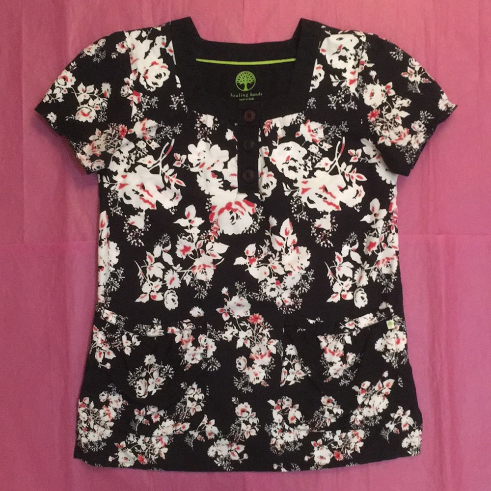 ***Reserved***Healing Hands Floral Scrub Top Size Small